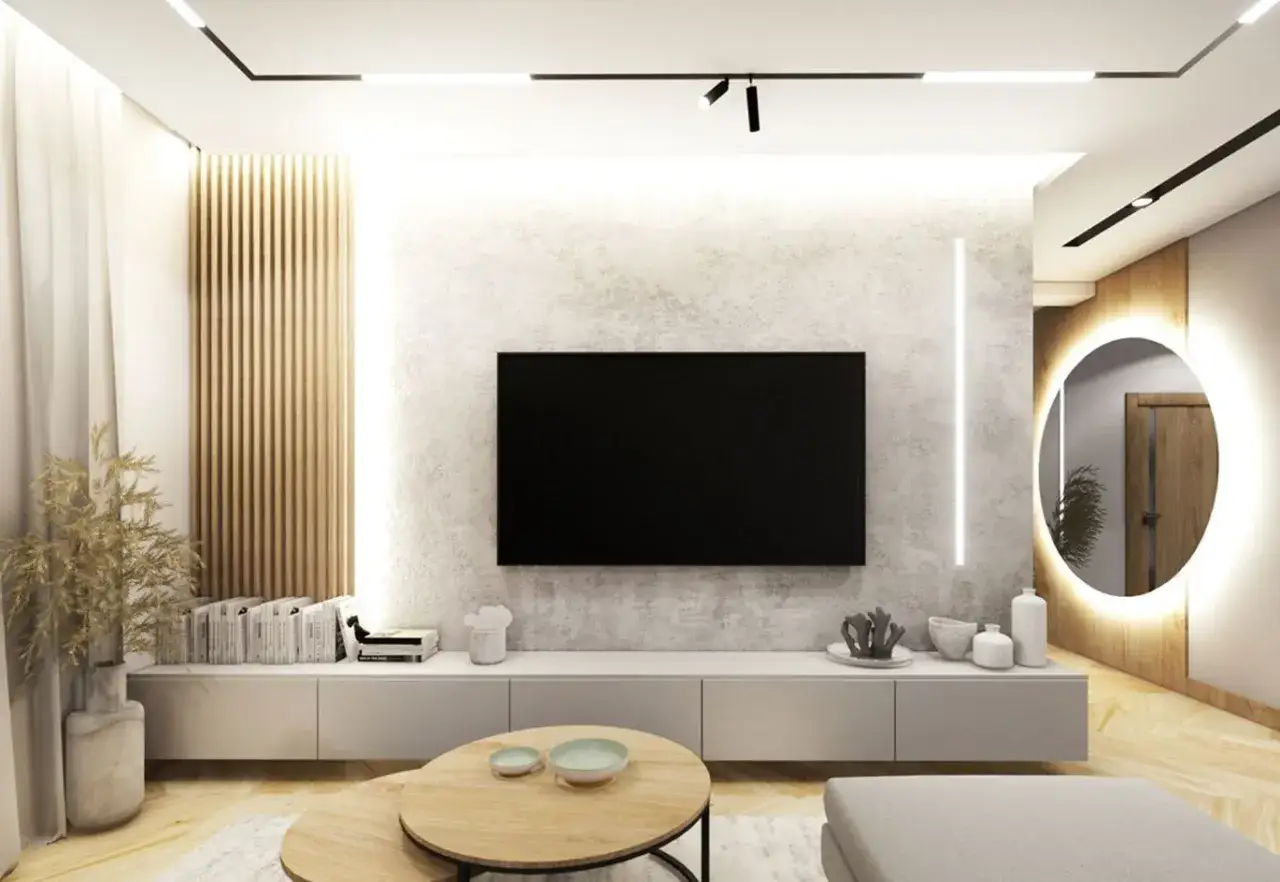 lamele drewniane salon ściana RTV