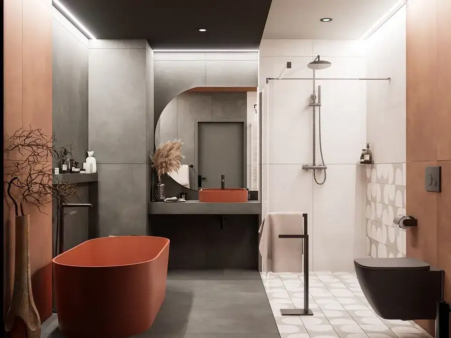 Nowoczesna łazienka 10m2 z wanną wolnostojącą i prysznicem walk-in