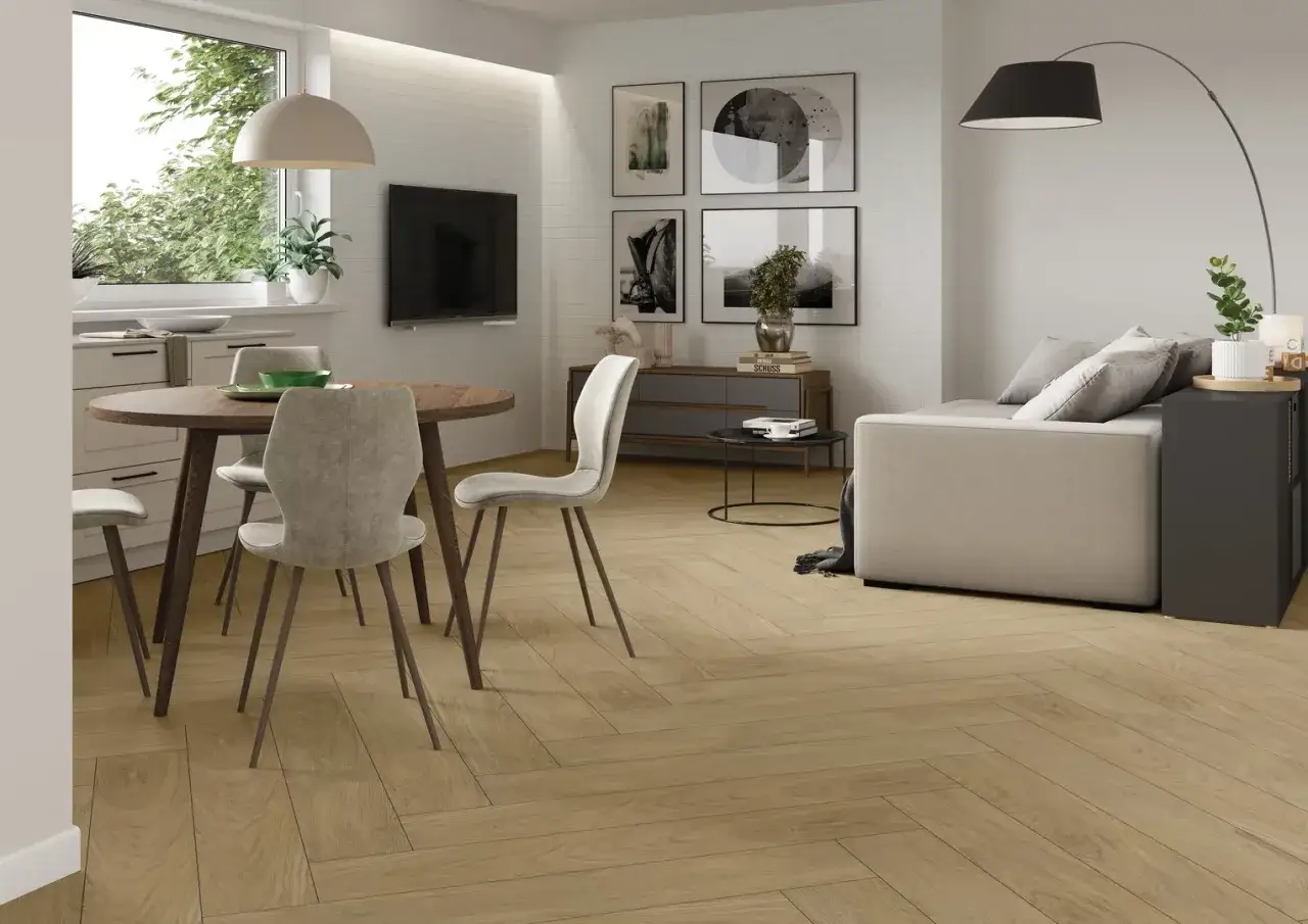 salon płytki matowe styl skandynawski